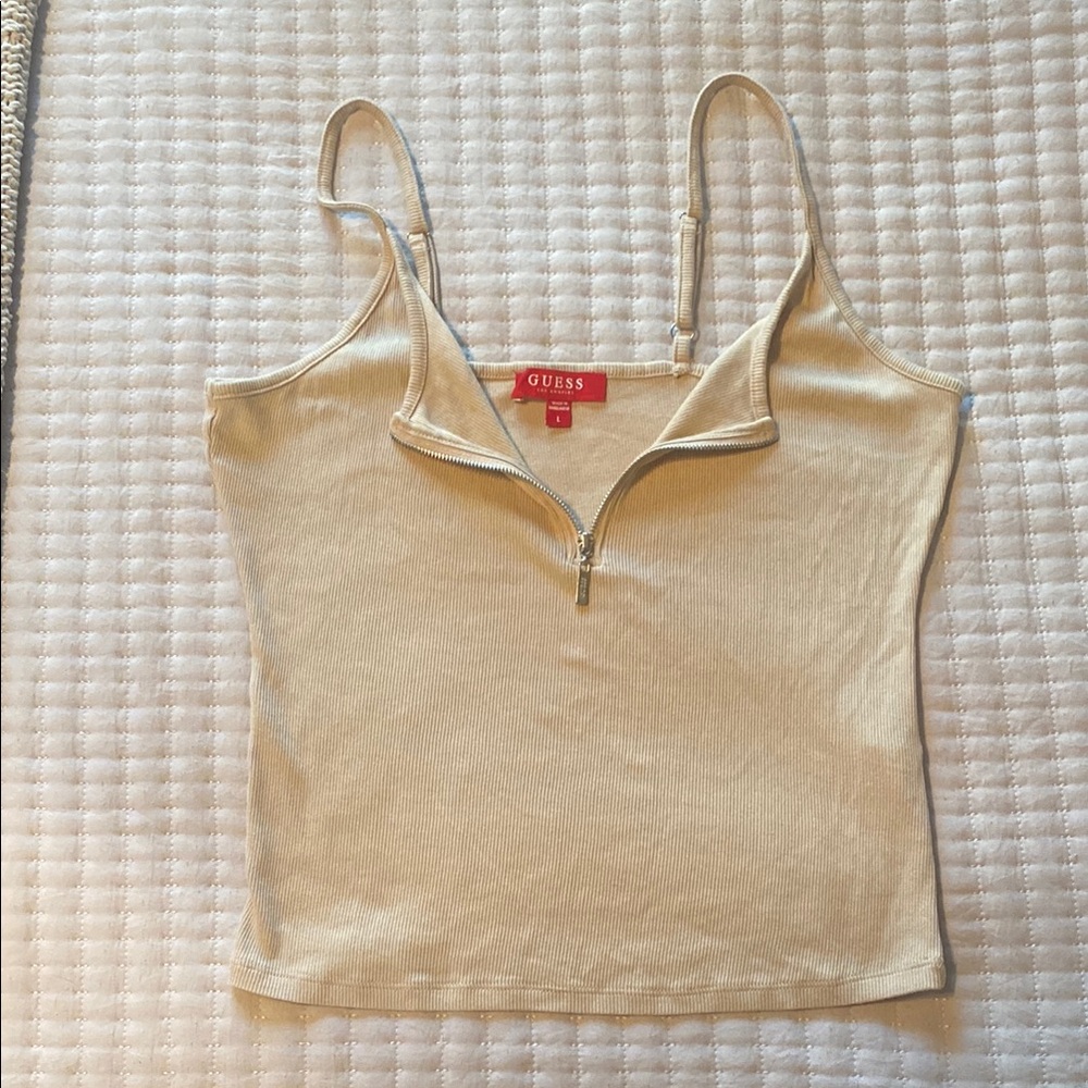 Guess - Women’s Beige Ribbed Camisole, Adjustable Straps, Half-zip, Size L
